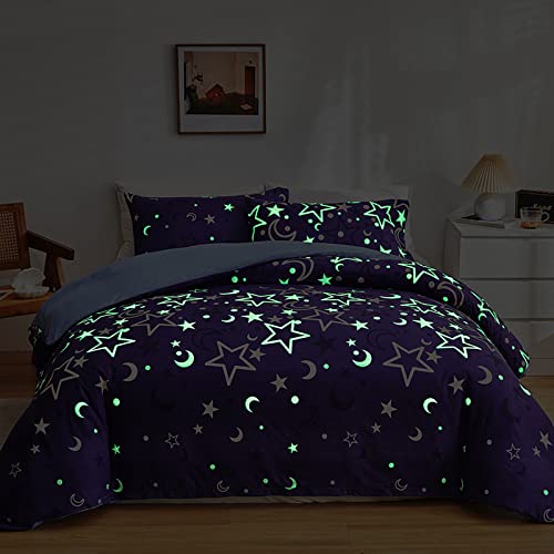 GETIYA Lila Bettwäsche 135x200 Kinder Bettwäsche Stern Mond Leuchtend im Dunkeln Einzelbett Bettbezug Violett Blau Wendebettwäsche Damen Mädchen Bettwäsche Weich Deckenbezug mit Kissenbezug 80x80