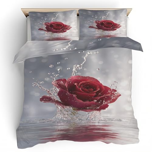 Generisch Rote Rosen Bettwäsche, Blumenmuster Bettbezug Wendebettwäsche mit Reißverschluss Weich & Bügelfrei Microfaser mit 1 Bettbezug 135x200 + 1 Kissenbezug 80x80 A12o