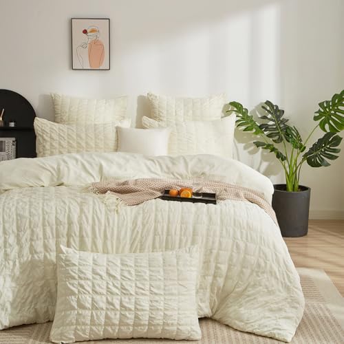 Boqingzhu Bettwäsche Beige 135x200cm Seersucker Sommer Atmungsaktiv Kühlende Wende Bettwäsche Set Bettbezug 135x200cm und Kissenbezug 80x80cm mit Reißverschluss