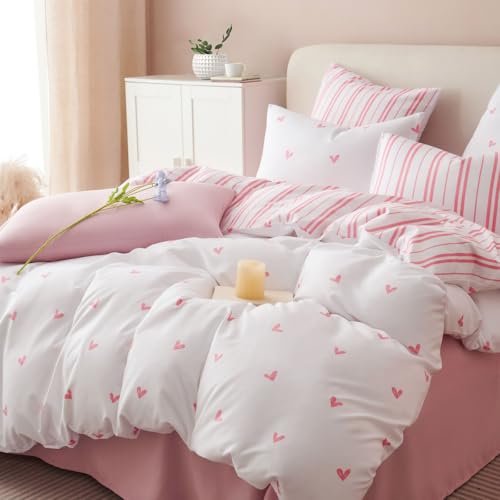 Tospass Herzen Bettwäsche 135x200cm Mädchen Weiß Rosa Herz Gestreift Ästhetik Bettwäsche-Sets Mikrofaser Wende Kinderbettwäsche ÖKO-TEX Bettbezug mit Reißverschluss 1 Kissenbezug 80x80cm