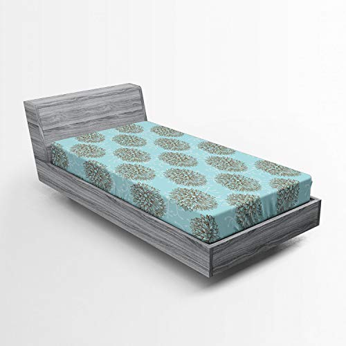 ABAKUHAUS Türkis Spannbetttuch, Vintage Blumen, Soft Dekorativer Stoff Bettwäsche Rund-um Elastischer Gummizug, 90 x 200 cm, blau, Braun,