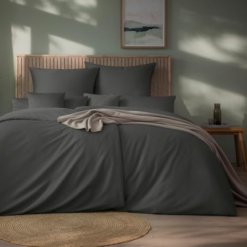 ESTELLA Mako Satin Bettwäsche Set Uni - 100% Baumwolle - trocknerfest - Garantie Reißverschluss - 135x200 cm + 80x80 cm - Farbe: Grau