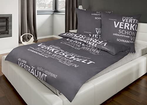 MB Warenhandel24 Bettwäsche Verkuschelt Anthrazit Renforcé 100% Baumwolle 135x200 Bettbezug + 80x80 Kissenbezug mit Reißverschluss (4 teilig)