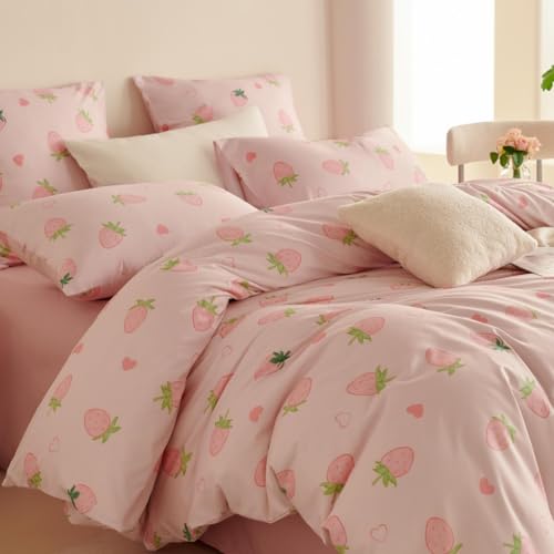 Lanqinglv Kinder Bettwäsche 135x200 cm Rosa Erdbeeren Mädchen Bettwäsche mit Herzen Muster,ÖKO-TEX Bettwäsche Set - Bettbezug mit Reißverschluss und 1 Kissenbezug 80x80 cm