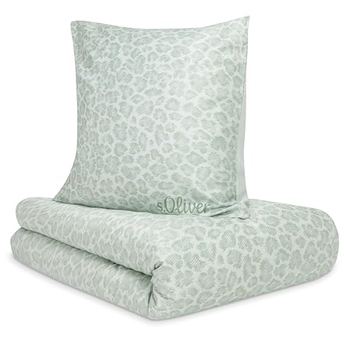 s.Oliver Leo Bettwäsche 135x200 cm - 100% Baumwolle, Reißverschluss, anschmiegsam, weich & waschbar, Mako Satinbettwäsche grün modern Leoparden Muster