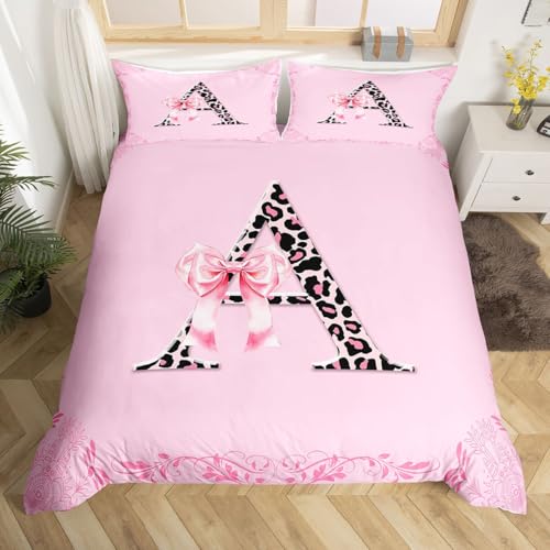 Homemissing Anfangsbuchstabe A Bettwäsche Set 135x200cm Leopard Drucken Bettbezug mit Reißverschluss Bowknot Alphabet mit 1 Kissenbezug Gepardpelz Bettwäsche-Set