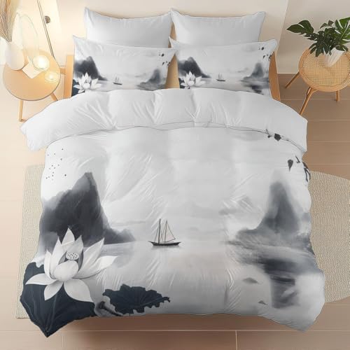 Bettbezug atmungsaktiver Orientalisch Segelboot Lotus Bettwäsche-Sets, Wendbar Pflegeleichte strapazierfähiger aus Mikrofaser Set Beige Grau mit Reißverschluss 200 x 220 cm