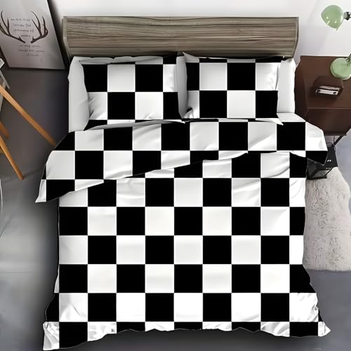 YZQGLHP Schwarz Weiß Kariert Bettwäsche 135x200 Schachbrett Bettwäsche-Sets mit Reißverschluss Weich Flauschig Gebürstet 110g Microfaser Deckenbezug und 2 Kissenbezug 80x80cm