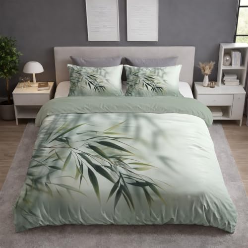 Traditionell Orientalisch Bambusblätter Nebel 2-teilig Wende bettwäsche Premium Qualitãt Graugrün Aus Mikrofase - Deckenbezug(135 x 200) Mit Reißverschluss - Kuschelig Weich & Bügelfrei