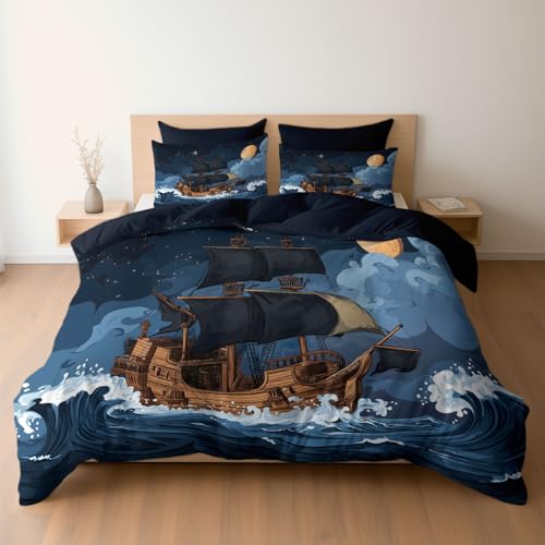 Bettwäsche Set 200 x 200 cm mit Kissenbezügen 2 x 80 x 80 Cartoon Pirat Schiff Design, Mikrofaser Bettbezüge mit Reißverschluss, Weich und Bügelfrei, Mitternachtsmarine
