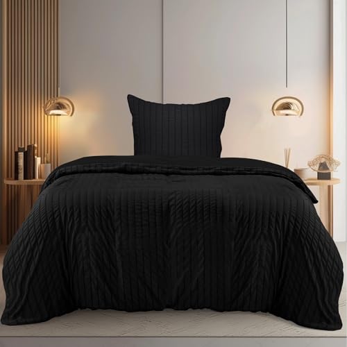 Utopia Bedding Seersucker Bettwäsche 135x200 Set - Mikrofaser Polyester Bettbezug 135x200 cm + 1 Kissenbezug 80x80 cm - Schwarz