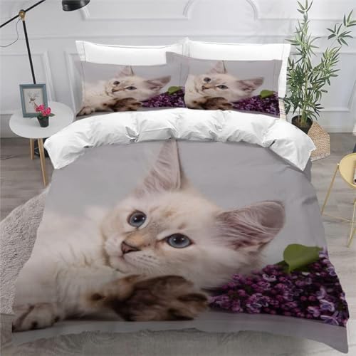 Bettwäsche 155x200 Kinder Katze Weich Mikrofaser Süße Tiere Bettwäsche-Sets 3D Bettbezug 3 Teilig Bettbezüge mit Reißverschluss und 2 Kissenbezüge 80x80 A-593