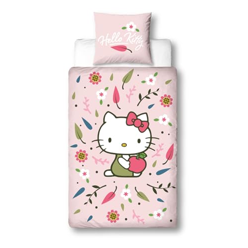 Character World Bettwäsche 135x200, Hello Kitty Blütenzauber 80x80 + 135x200, Kinder Teenager Bettwäsche Kawaii Stil Microfaser, angenehm & weich, Geschenkidee Fanartikel Serie
