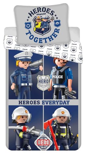 Jerry Fabrics Kinderbettwäsche Heroes Together Heroes Everyday Polizeimann Feuerwehrmann Fire Hero, Bettdecke 140 x 200 + Kopfkissen 70 x 90 cm, 100% Baumwolle