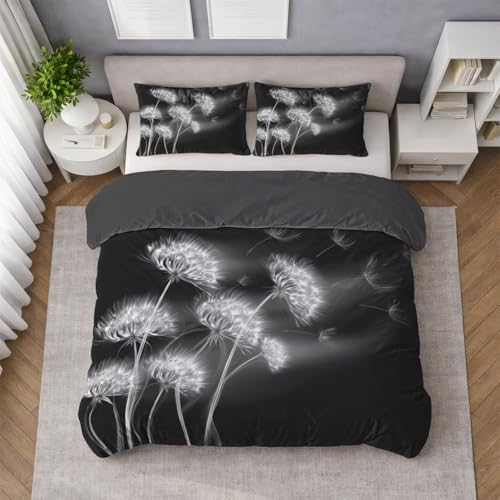 Schwarz Weiß Bettwäsche 180 x 200 cm Elegant Natur Pusteblume Bedruckte Bettbezug Einfache Pflege 3-Teiliges Fantasy Bettwäsche Set Mikrofaser Weiche mit Reißverschluss und 2 Kissenbezug