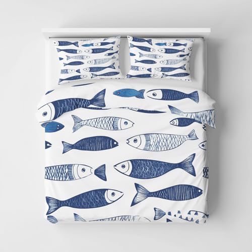 Generisch Bettwäsche Fisch, Bettwäsche 155x220cm Cartoon Fisch Jungen Kinder, Weiche Angenehme Mikrofaser 2 Teilig mit Reißveschluss 1 Kissenbezüge Wendebettwäsche Bettbezug Set K&8