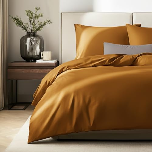 SALAD HOUSE - Mako Satin Bettwäsche 200x200 Gelb - 100% Ägyptische Baumwolle (400 TC) - Hochwertig, Kühlend, Bügelleicht & Glatt wie Seide - Bettbezug Set mit Kissen 80x80 & Reißverschluss