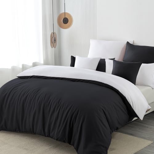 Nesture Bettwäsche 140x200 2teilig Schwarz/Weiß Bettwäsche Sets Microfaser Wendebettwäsche 140 x 200, weich & bügelfrei 1 Bettbezug + 1 Kissenbezug 80x80cm mit Reißverschluss