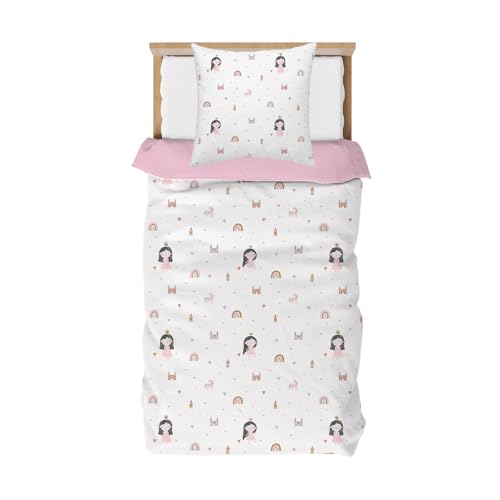 DJDEA Kinderbettwäsche 135x200 - Einhorn Bettwäsche Mädchen 135x200 mit Prinzessin und Regenbögen, Mikrofaser Bettbezug 2-teiliges mit 1 Kissenbezug 80 x 80 cm