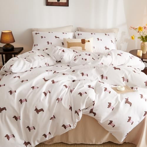 Tospass Dackel Bettwäsche 135x200cm Weiß Rosa Braun Dachshund Mädchen Wendebettwäsche-Set Mikrofaser Hundemuster Deckenbezug Kinder Teen Bettbezug mit Reißverschluss und Kissenbezug 80x80cm