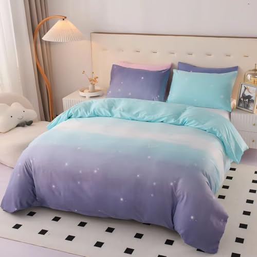 Bettbezug-Set mit Galaxie-Sternen für Kinder Mädchen Teenager Erwachsene Schlafzimmer Blau-Violettes Bettwäsche 135x200 mit Farbverlauf und Reißverschluss Kingsize