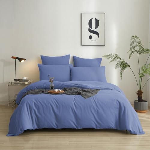Luowei Einfarbig Bettwäsche 135x200 cm Baumwolle Blau 100% Gewaschene Baumwolle Bettbezug Bequem Atmungsaktiv Bettwäsche Set mit Reißverschluss und 1 Kissenbezug 80x80 cm