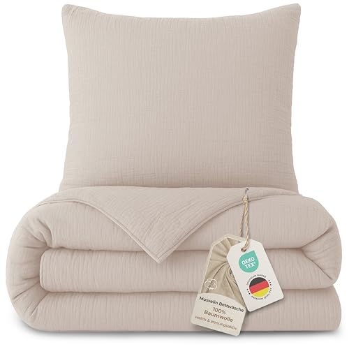 LAYNENBURG Premium Musselin Bettwäsche 135x200 cm + 80x80 cm - Oeko-Tex – 100% Baumwolle – atmungsaktiv & bügelfrei – 3 lagiges Musselin mit Reißverschluss & Haltebändern (beige)