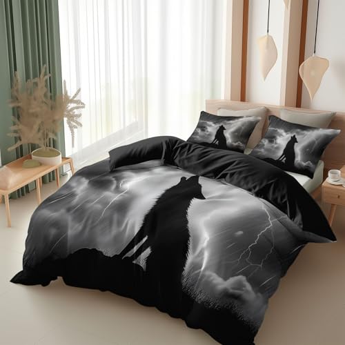 Srigzcaly Bettwäsche 200 x 220 cm Wolf Blitz Regen B&W Foto Bettbezug Set 3 Teilig, Warm Weiche Microfaser Wende Bettwäsche - Schwarz Bettdeckenbezug mit Reißverschluss und 2 Kissenbezüge 80x80cm