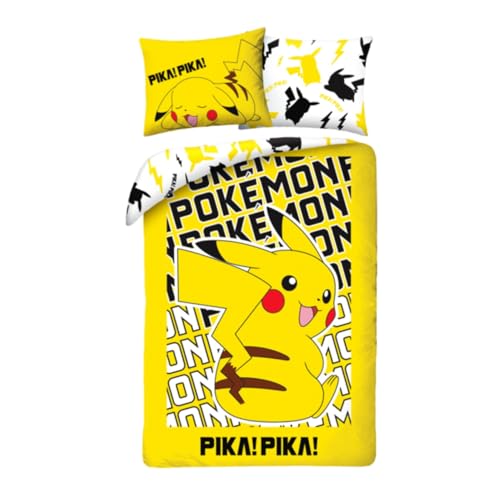 POKEMON Pikachu PIKA-PIKA – Bettwäsche-Set Bettbezug 140 x 200 cm + Kissenbezug 70 x 90 cm – wendbar – 100 % Polyester – Farbe Gelb