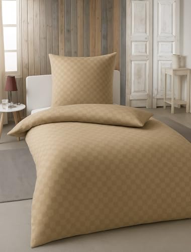 Leonado Vicenti Bettwäsche 100% Baumwolle Renforce 135x200 cm Taupe mit Karo Jacquard Design Atmungsaktiv Hautfreundlich Mit Verdecktem Reißverschluss