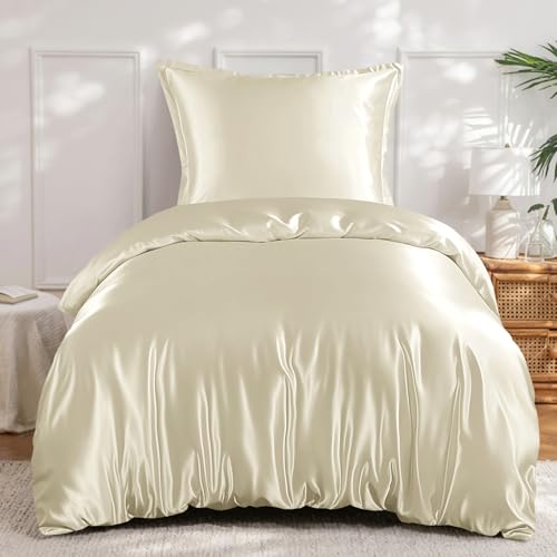 RUIKASI Satin Bettwäsche 135x200 Beige - Seidig Luxus Bettbezug mit Glanz wie Seiden Bettwäsche Set für Haar und Haut, Glänzend Bettwäsche 135x200cm mit Reißverschluss und Kissenbezug 80x80cm