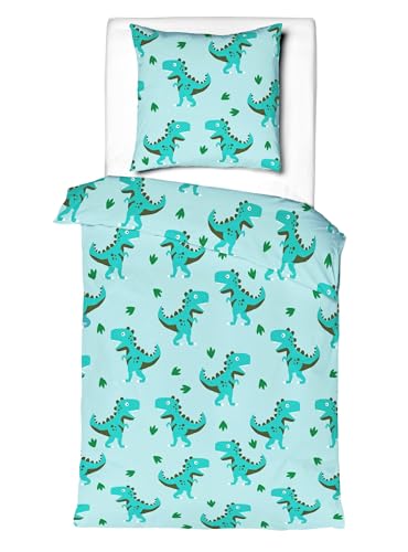 JACK by Mistral Flanell Kinder Bettwäsche 2 TLG. 135x200cm Dino Dinosaurier T-Rex Blau Türkis Grün Biber Kuschel
