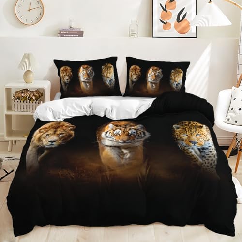 ZKTCYC Kinder Bettwäsche 200x220 Löwe Tiger Leopard Bettwäsche Kinder Junge Mädchen Bettbezug Set aus Mikrofaser mit Kissenbezug 80x80 cm