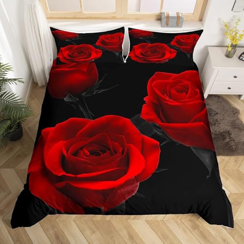 Bettwäsche 135x200 Schwarz Bettwäsche-Sets Atmungsaktive Angenehme Bügelfrei Microfaser 3D Bettbezug Rote Rosen mit Reißverschluss und 2 Kissenbezüge b-6952