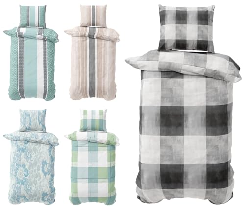 Visaggio Biber Bettwäsche 155x220 cm Feinbiber Bettbezug Winterbettwäsche Kissenbezug 80x80 cm kariert Grau Weiss 2teilig