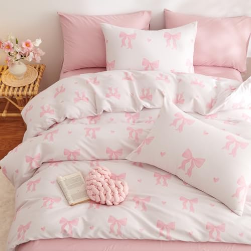 Freyamy Schleife Bettwäsche 135x200cm 2teilig Beige Rosa Schleifen Herz Mädchen Wendebettwäsche Set Microfaser Liebe Kinderbettwäsche Teen Bettbezug mit Reißverschluss und 1 Kissenbezug 80x80cm