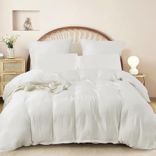 WONGS BEDDING Musselin Bettwäsche 135x200 aus 100% Baumwolle, Bettwäsche-Sets 1er Set Bettbezug mit 1 Kissenbezüge 80x80 cm Knitterlook Weiche Bettbezug Bügelfrei, mit Reißverschluss, Weiß WONGS BEDDING Musselin Bettwäsche 135x200 aus 100% Baumwolle, Bettwäsche-Sets 1er Set Bettbezug mit 1 Kissenbezüge 80x80 cm Knitterlook Weiche Bettbezug Bügelfrei, mit Reißverschluss, Weiß