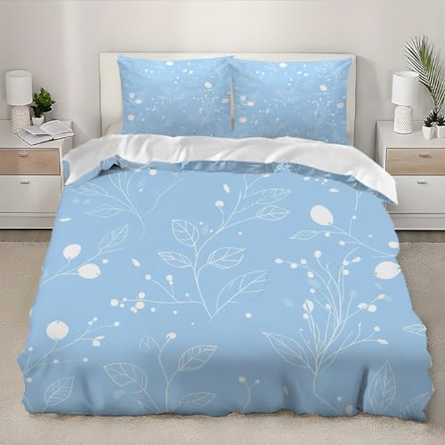 3D Bettwäsche155x220 cm Weich Mikrofaser Handgezeichnete BläTter Und BlüTen 3teilig Bettbezug mit Reißverschluss Hypoallergen mithochwertigen Hellblau Bettwäsche-Sets für Kinder Jugend