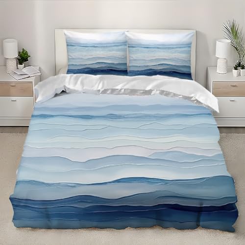 Abstrakte Meerwellenwelligkeit Bettwäsche 180x200 cm Bettbezug Sets Microfaser Weich Hypoallergen Atmungsaktiv Hellblaues öLgemäLde Bettwäsche-Sets 3teilig mit 2 Kissenbezug für Jungen Mädchen Teens