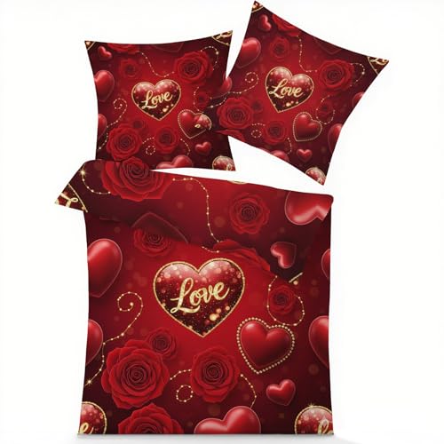 GEDAEUBA Liebe Bettwäsche 135x200 - Herzen Rote Rosen Bettbezug, Wendebettwäsche und Kissenbezug 80x80, Weiche & Angenehme Mikrofaser Bettwäsche-Sets mit Reißverschluss
