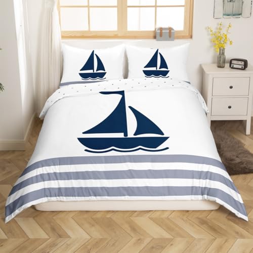 Homemissing Segelboot Bettbezug Segelschiff Nautical Bettwäsche Set 135x200cm für Kinder Jungen Mädchen Cartoon Pirate Ship Bettwäsche-Set Marineblau Weiß