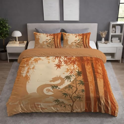 Khaki Flauschige Zweiseitig Bettwäsche Set - Abstrakt Orientalisch Drache Bambus - Bettwäsche Kuschlig Weich Farbbeständig Bügelfrei Microfaser Bettbezug 155 x 220 mit Reißverschluss