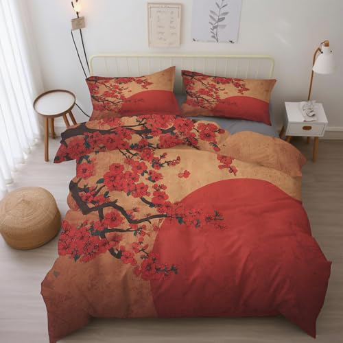 Generisch Japanische Bettwäsche 200x200 cm, Orientalisch Asiatisch Kirschblüte Bettwäsche-Sets 3 Teilig, Bettbezug + 2 Kissenbezüge 80x80cm Weich Mikrofaser mit Reißverschluss M&-100