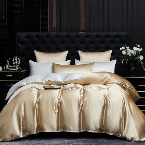 YASMENG Satin Bettwäsche 200x200 Beige Gold Weiß Wendebettwäsche Seide Bettbezug Set Glatt Glänzend Deluxe Weich Seidig Satin Bettwäsche 3teiling mit Reißverschluss und 2 Kissenbezüge 80x80 cm