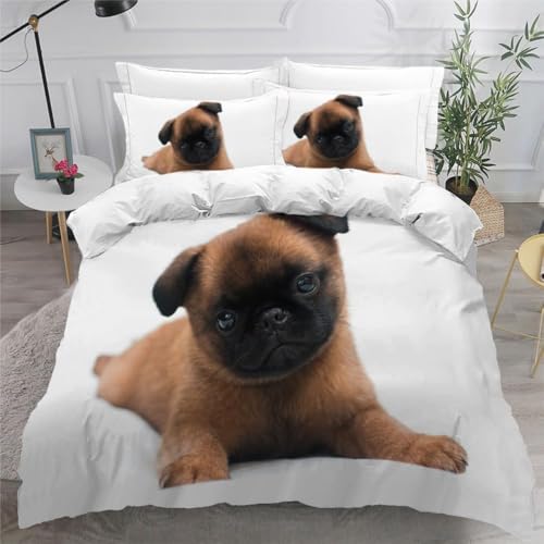 Mops Bettwäsche 200x200 Hunde Tiere Bettbezug 3D Weiche Mikrofaser 3 Teilig Bettwäsche-Sets mit Reißverschluss und 2 Kissenbezüge 80x80 cm für Erwachsene H.3413