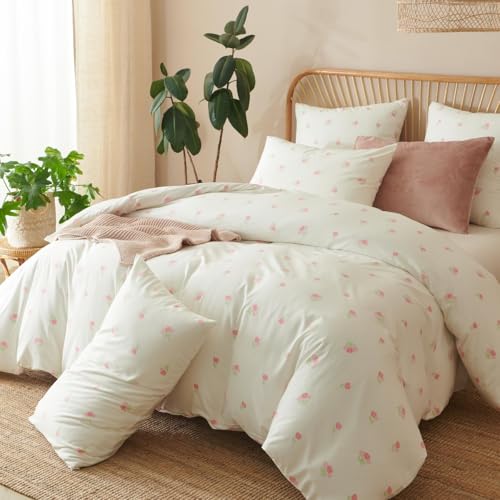 Lanqinglv Bettwäsche 135x200 Rosa Weiß Tulpen Blumenmuster Wende Bettwäsche Set Bettbezug mit Reißverschluss und 1 Kissenbezug 80x80 cm,ÖkoTex Zertifiziert & für Allergiker Geeignet