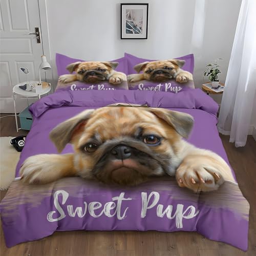 Lila Kinder Bettwäsche Set Mops Im Cartoon Stil Microfaser Bettbezug Set für Jungen Mädchen Himmel Qualität Betten Set inkl.1 Bettbezug 135x200 cm und 1 Kissenbezüge 80x80 cm