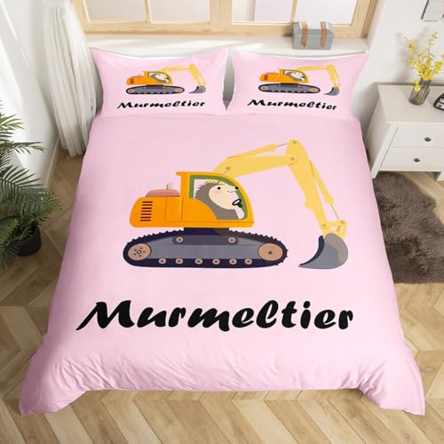 Loussiesd Bagger Bettwäsche Set 220x240cm Murmeltier Kawaii Betten Cartoon Auto Ausrüstung LKW Bettwäsche-Set Baufahrzeuge Bettbezug für Kinder Mädchen Jungs Pink