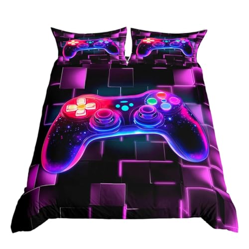 Homewish Kinder-Bettwäsche-Set, Spielzimmer, Spielzimmer-Dekor, Galaxie-Videospiele, Gamepad, Bettbezug, neoneckig, geometrisches Gitter, Bettwäsche-Set mit 2 Kissenbezügen, Violett