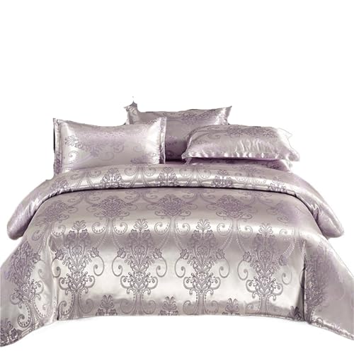 JCXIOC Seiden-Bettwäsche Set 3-4-teiliges Bettwäscheset aus Satin-Jacquard, Bettbezug-Set, 150 x 200 cm, Bettbezug 1, Laken, Kissenbezug 1/2, zufälliger Musterschnitt(Purple,150x 200cm4PCS)